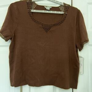 VTG NWT Nygard Brown Embroidered Beading Knit T-shirt Blouse 2XL Women's